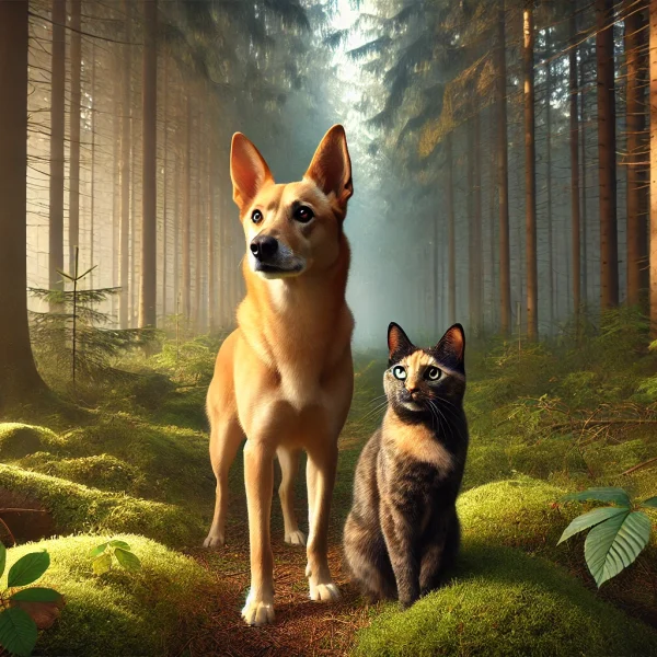 Dog and cat standing in the woods, the sun shining on one side, darkness on the other.